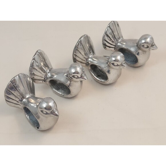Pewter Birds Chickens Napkin Rings Set Of 4 2” Tall vintage - Picture 5 of 5